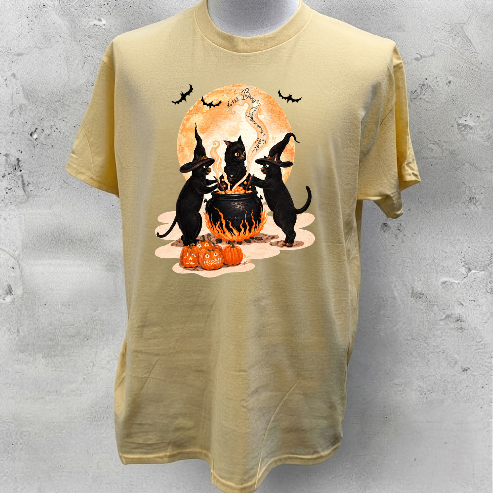 Black Cats Witch Cauldrons Spooky Halloween Full Moon T-Shirt